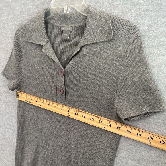 Ann Taylor Tenniscore Ribbed Cotton Top Size L Gray Collared Old Money Preppy - Picture 8 of 10